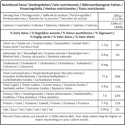 Nutritional facts for Nitya Finger Millet 1kg - rich in iron, fiber, and calcium.