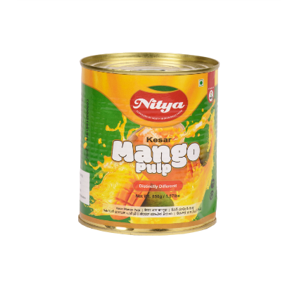 Front view of Nitya Kesar Mango Pulp 850g can - premium sweetened mango pulp.