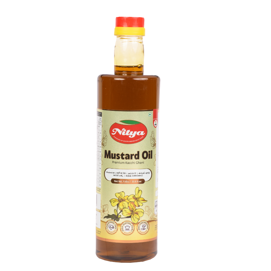Front view of Nitya Mustard Oil 1L bottle - premium quality mustard seed oil for cooking.