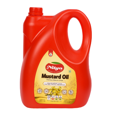 Front view of Nitya Mustard Oil 5Ltr bottle - premium quality pungent mustard oil.