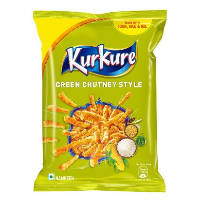 Front view of Kurkure Green Chutney Style 68g pack - tangy and spicy corn snack
