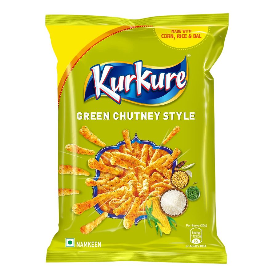 Front view of Kurkure Green Chutney Style 68g pack - tangy and spicy corn snack