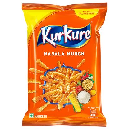 Front view of Kurkure Masala Munch 75g pack - spicy and crunchy Indian corn snack