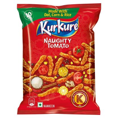 Front view of Kurkure Naughty Tomato 68g pack - tangy and spicy corn meal snacks