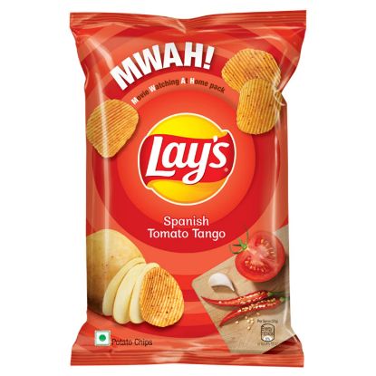 Front view of Lay's Spanish Tomato Tango 48g pack - tangy and spicy potato chips
