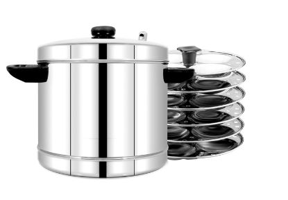 Full view of Stainless Steel Idly Cooker with 6 Plates - authentic Indian idly steamer.