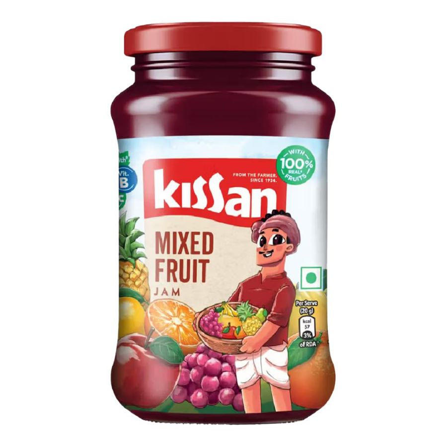 Front view of Kissan Mixed Fruit Jam 500g jar - delicious real fruit spread