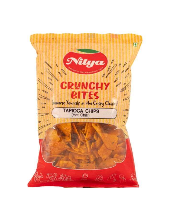 Front view of Nitya Tapioca Chips Hot Chilli 150g pack - spicy and crunchy cassava chips