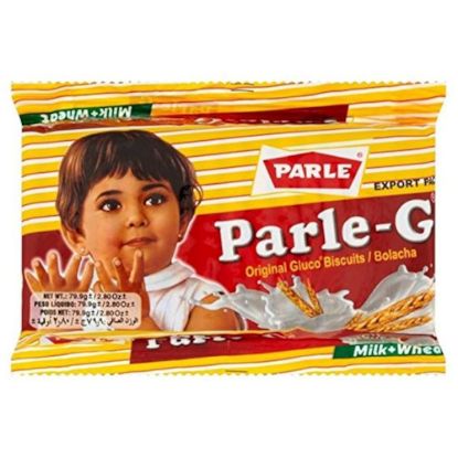 Front view of Parle-G 79g pack - authentic Indian glucose biscuits for tea-time