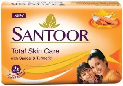 Close-up of Santoor soap bar - enriched with natural sandalwood and turmeric extracts