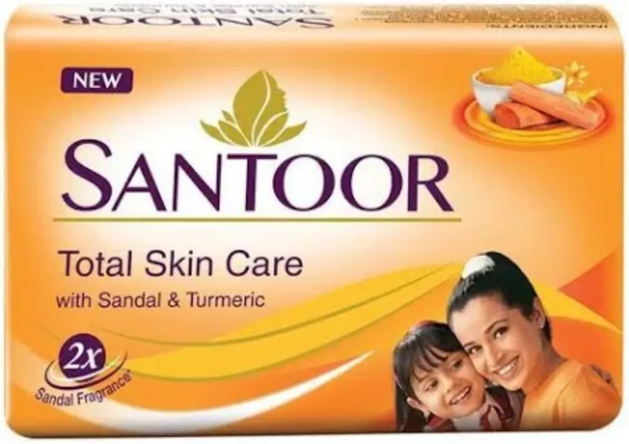 Close-up of Santoor soap bar - enriched with natural sandalwood and turmeric extracts