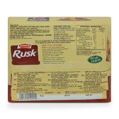 Ingredients and wheat goodness details for Parle-G Rusk 200g