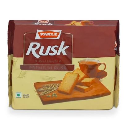 Front view of Parle-G Rusk 200g pack - crispy golden-baked tea toast biscuit