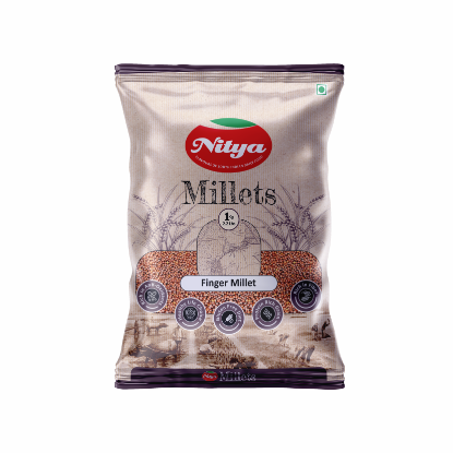 Front view of Nitya Finger Millets 1kg pack - premium roasted Ragi seeds