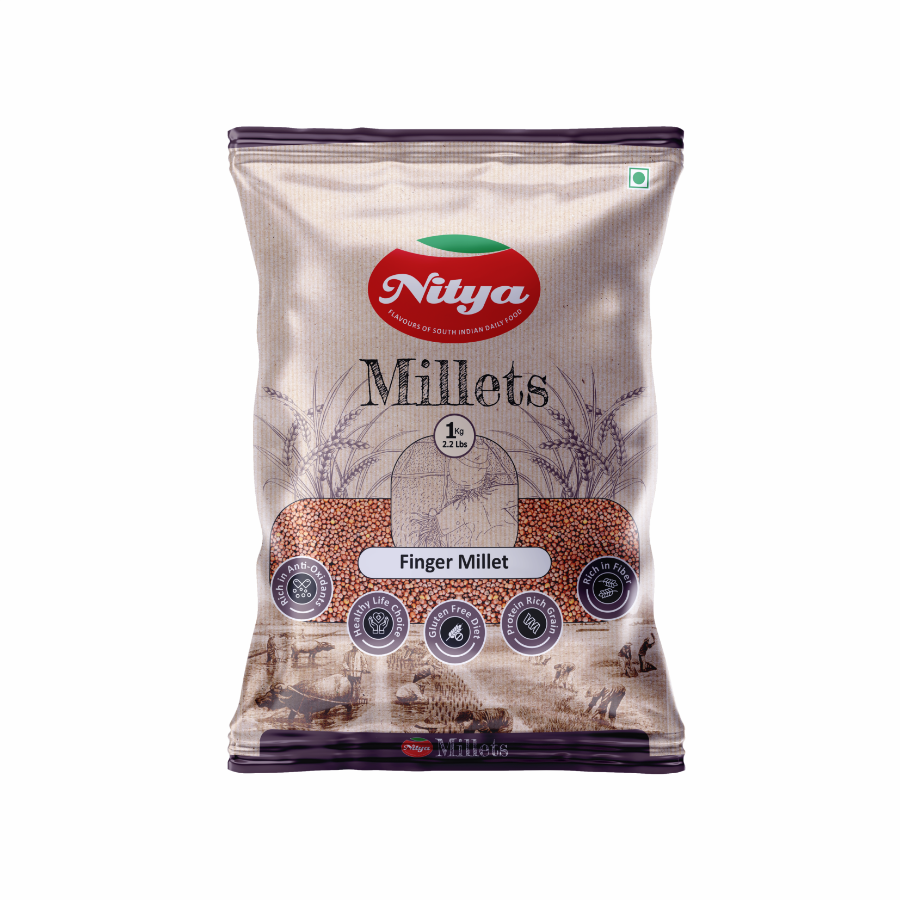Front view of Nitya Finger Millets 1kg pack - premium roasted Ragi seeds