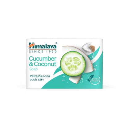 Front view of Himalaya Cucumber & Coconut Soap 75g pack - refreshing herbal soap