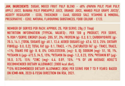 Ingredient list and fruit blend details for Kissan Mixed Fruit Jam 500g