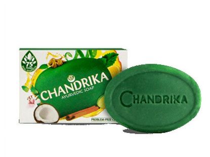 Chandrika Ayurvedic Soap 75g green bar and packaging – Natural herbal soap