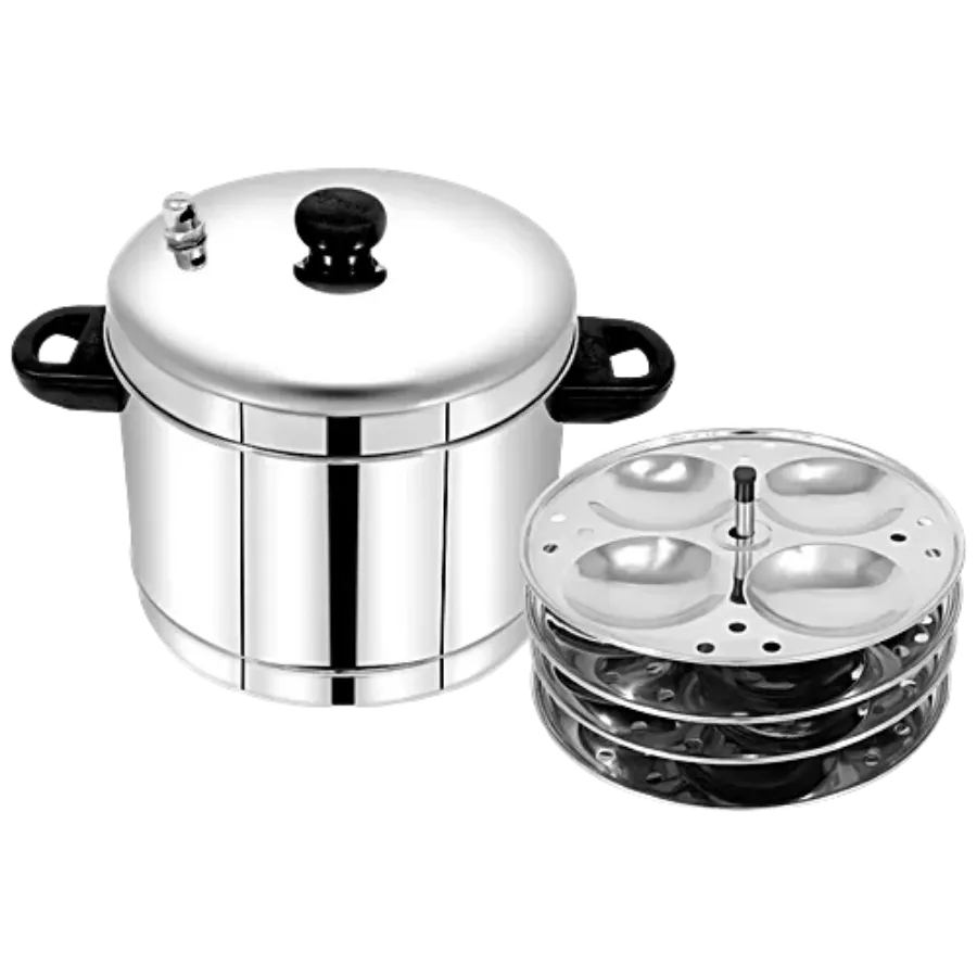 Front view of Stainless Steel Idly Cooker with 4 Plates - high-quality idly maker