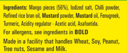 Ingredients of 300g Priya extra hot mango pickle - garlic-free spicy Avakaya