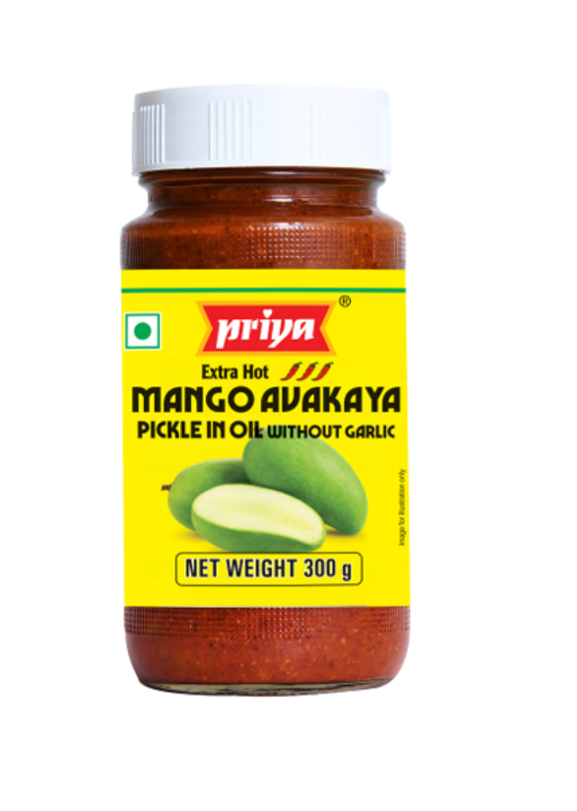 Front view of Priya Extra Hot Mango Pickle Without Garlic 300g jar - intensely spicy hot mango pickle