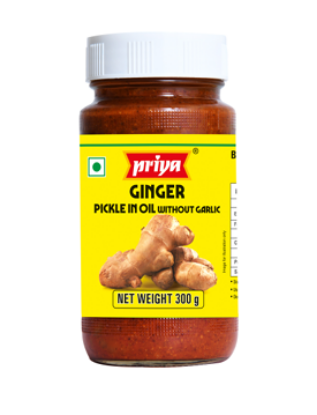 Front view of Priya Ginger Pickle Without Garlic 300g jar - authentic tangy ginger achar