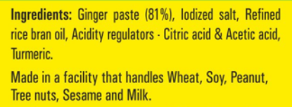 Ingredients of smooth Priya ginger paste