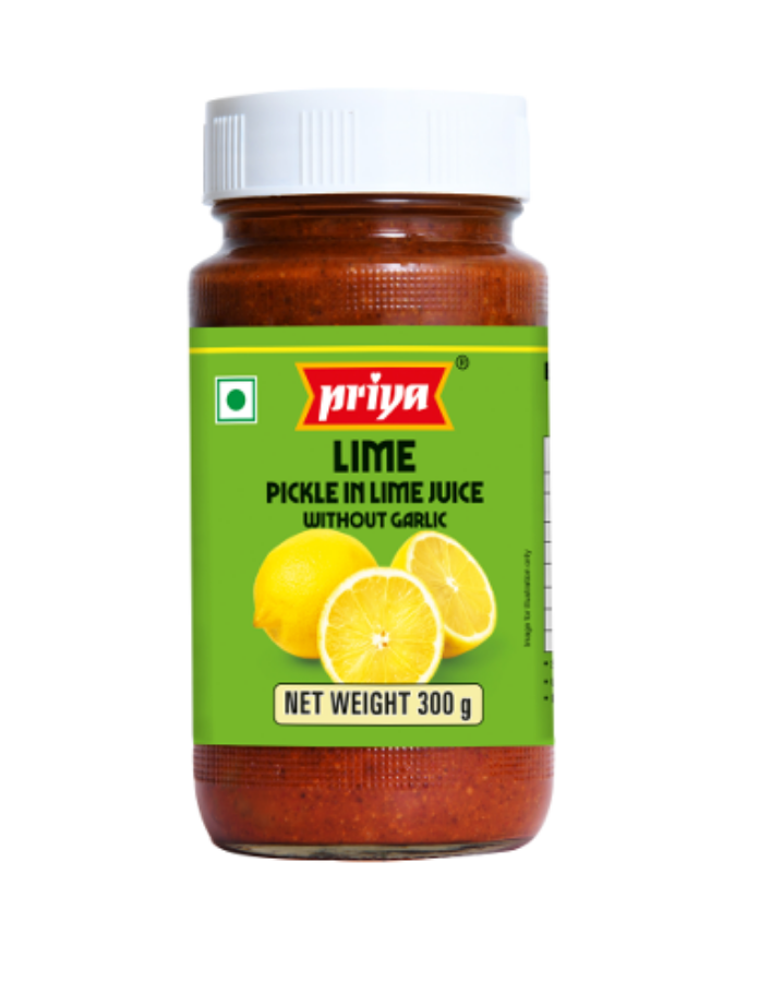 Front view of Priya Lime in Lime Juice Pickle Without Garlic 300g jar - authentic tangy lime pickle