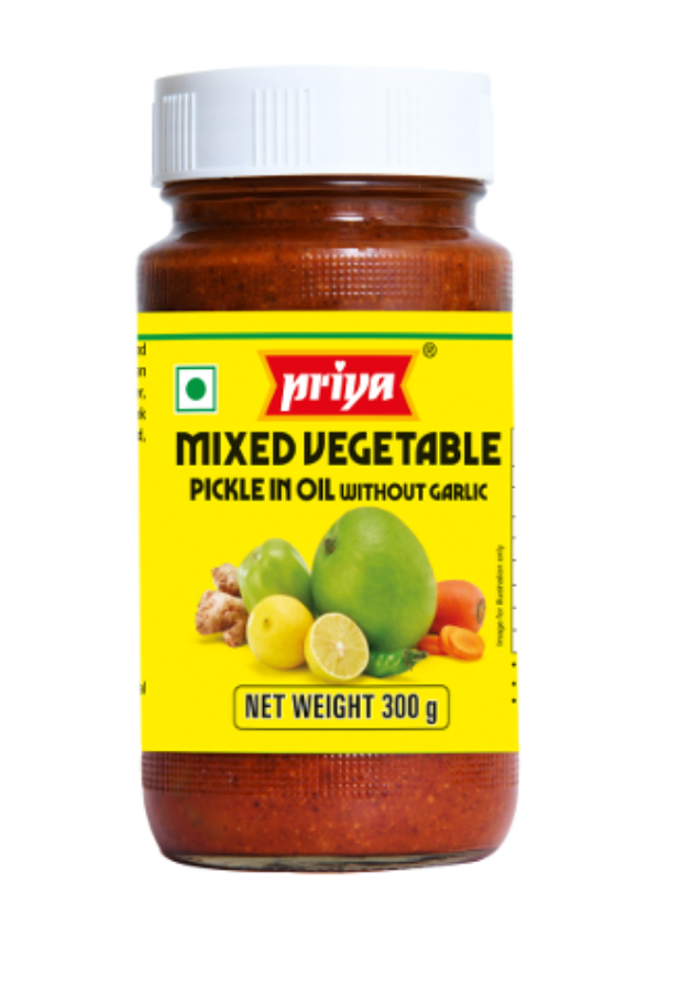 Front view of Priya Mixed Vegetable Pickle Without Garlic 300g jar - authentic mixed achar