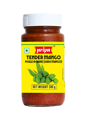 Front view of Priya Tender Mango Pickle in Brine 300g - authentic Vadu Mango pickle.