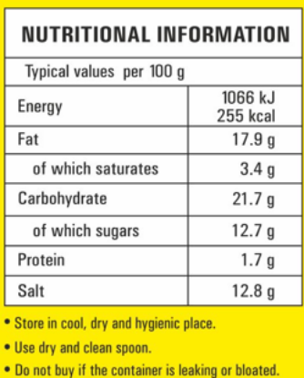 Nutritional details for Priya Mango Ginger Pickle - made without garlic