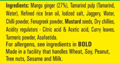 Ingredient details for Priya Mango Ginger Pickle - made without garlic