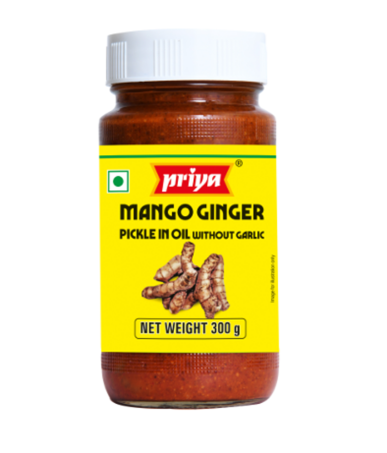 Front view of Priya Mango Ginger Pickle 300g jar - authentic garlic-free pickle