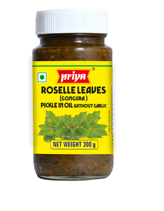 Front view of Priya Roselle Leaves Pickle Without Garlic 300g jar - authentic Gongura pickle