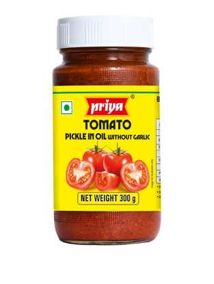 Front view of Priya Tomato Pickle Without Garlic 300g jar - authentic tomato pickle indian style