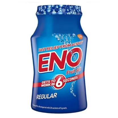 Front view of Eno Fruit Salt Regular 100g bottle - original fast-acting antacidFront view of Eno Fruit Salt Regular 100g bottle - original fast-acting antacid