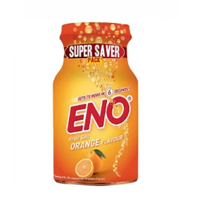 Front view of Eno Fruit Salt Orange 100g bottle - quick relief for acidity and indigestion
