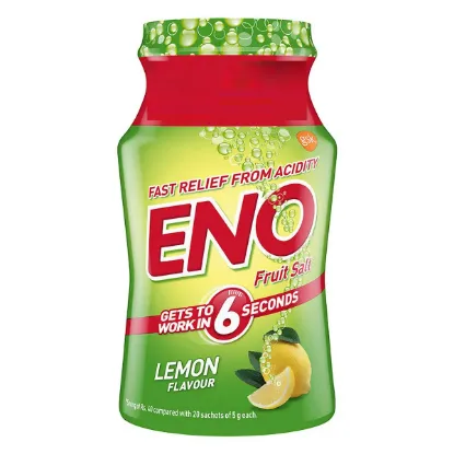Front view of Eno Fruit Salt Lemon 100g bottle - quick relief for acidity and heartburn