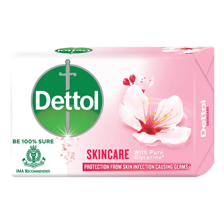 Front view of Dettol Skin Care Soap 100g pack - trusted antibacterial protection