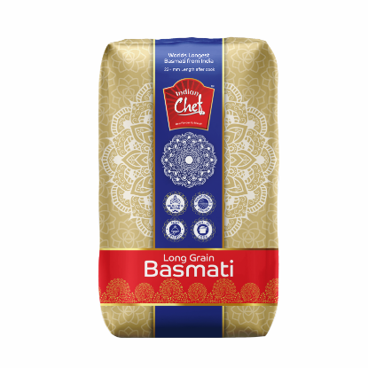 Front view of Indian Chef Extra Long Basmati Rice 5kg bag - premium aromatic white rice