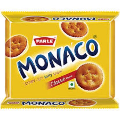 Front view of Parle Monaco 253.2g pack - classic light and crispy salted biscuits
