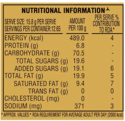Nutritional details for Parle Krackjack sweet and salty crackers