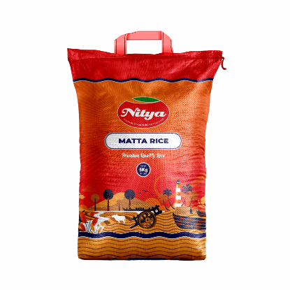 Front view of Nitya Matta Rice 5kg bag - premium fiber-rich red matta rice