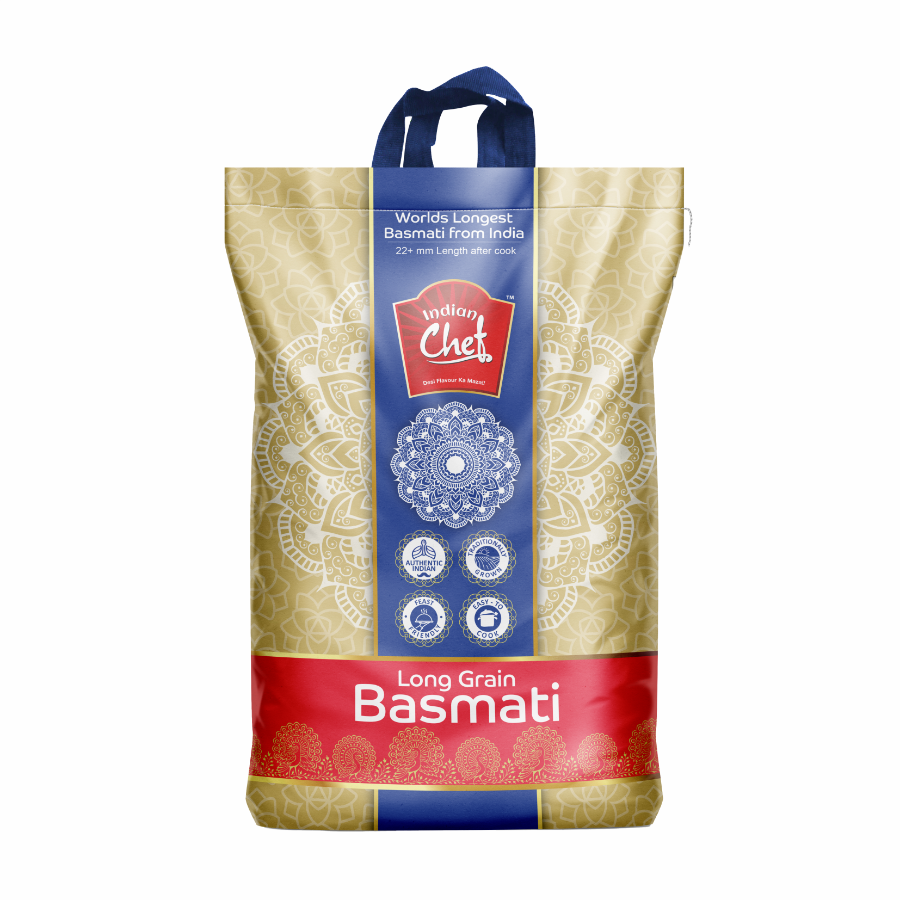 Front view of Indian Chef Extra Long Basmati Rice 10kg bag - premium aromatic rice